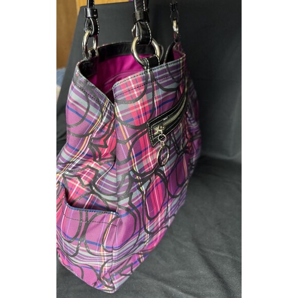 Coach Poppy Tartan Plaid Glamour Glitter Tote Bag Purse F15480 Pinks Purples - Picture 5 of 10